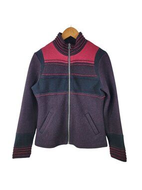 Icelandic Design 100% Wool Cardigan Sweater Full Zip Front Small Stripe Purple